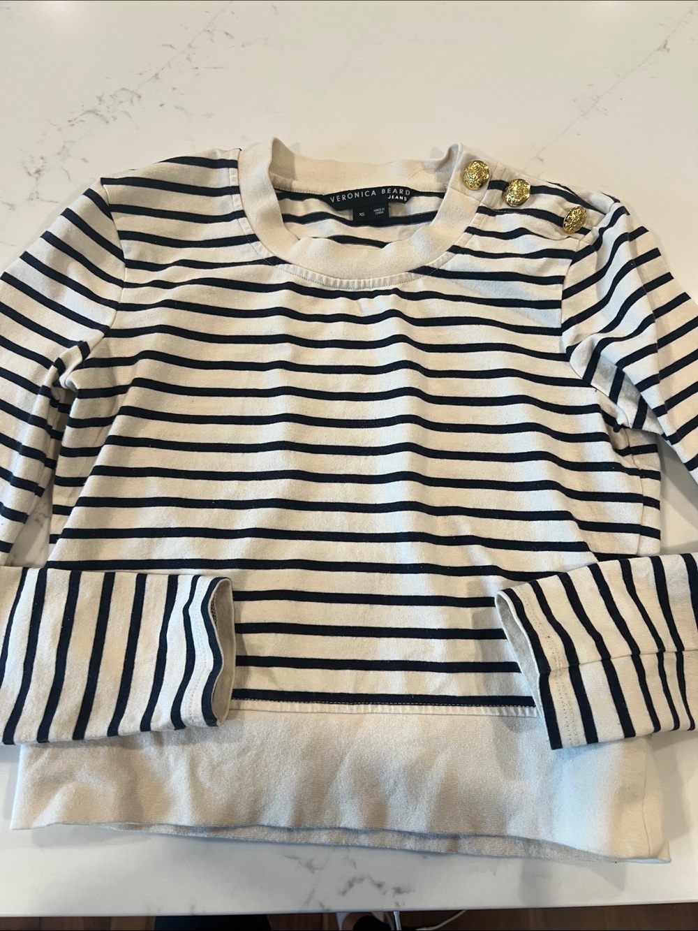 Veronica Beard Cream and Navy Striped Crewneck Sweater with Gold Buttons